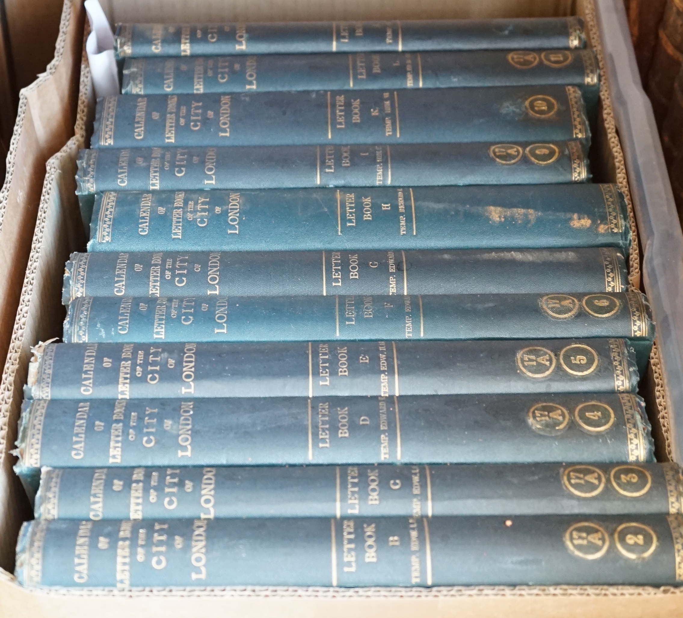 Sharpe, R.R (editor) - Calendar of Letter-Books of the City of London at the Guildhall, complete set of 11 Vols. (all published), A to L (no J), original blindstamped green cloth, London, 1909.